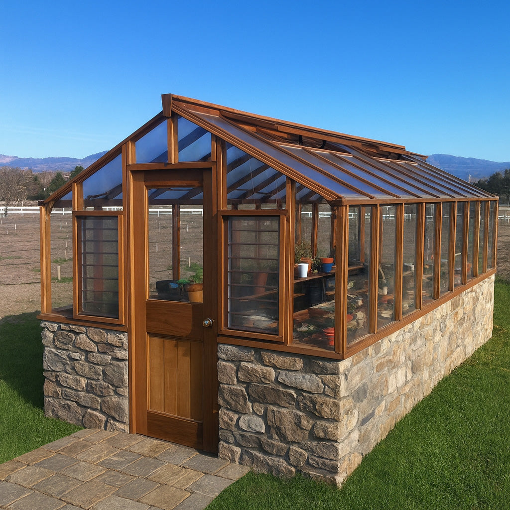 Wooden Heirloom greenhouse with stone foundation on a sunny day