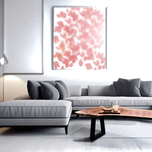 Modern living room with a gray sectional sofa, wooden coffee table, and abstract pink artwork on the wall.