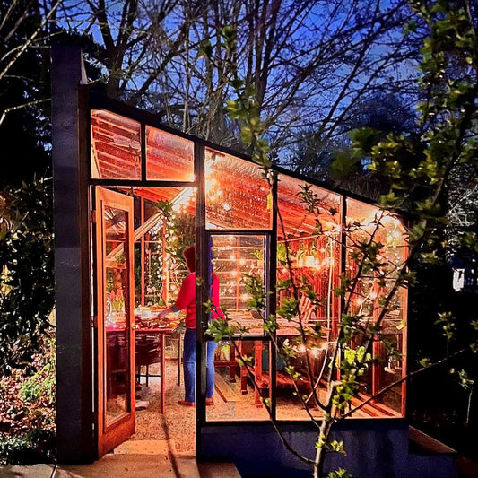 Attached lean‑to greenhouse design with seating area and plants