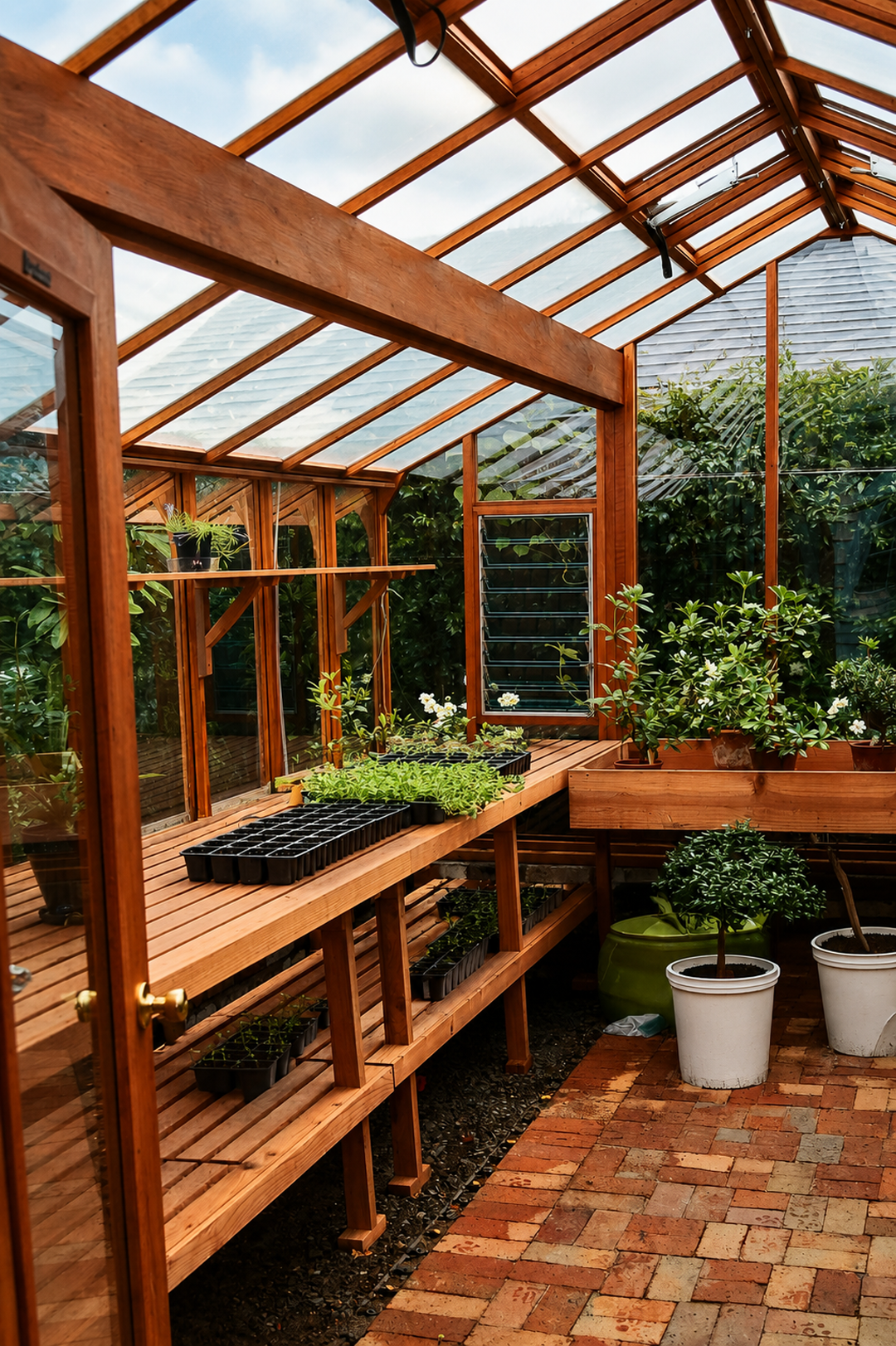 Artisan – Luxury Greenhouse Handcrafted in Redwood with Tall Glass Walls