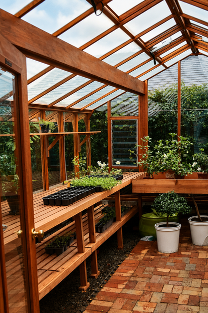 Artisan – Luxury Greenhouse Handcrafted in Redwood with Tall Glass Walls