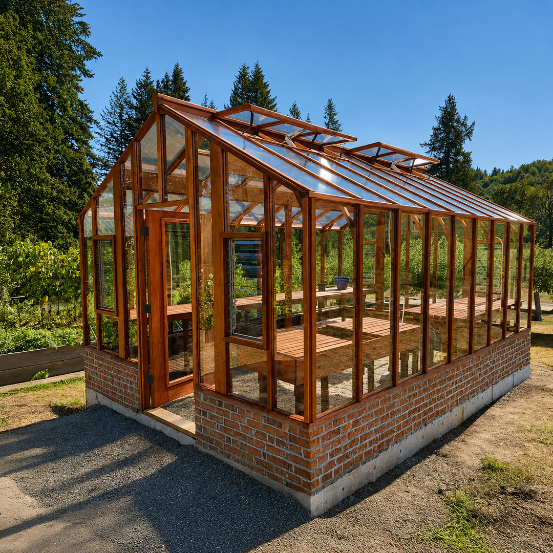 Artisan – Luxury Greenhouse Handcrafted in Redwood with Tall Glass Walls