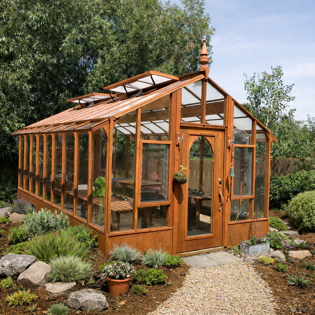 Wooden greenhouse with glass panels in a garden setting