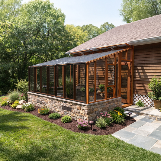 Wooden sunroom attached to a house with greenery and a stone pathway.