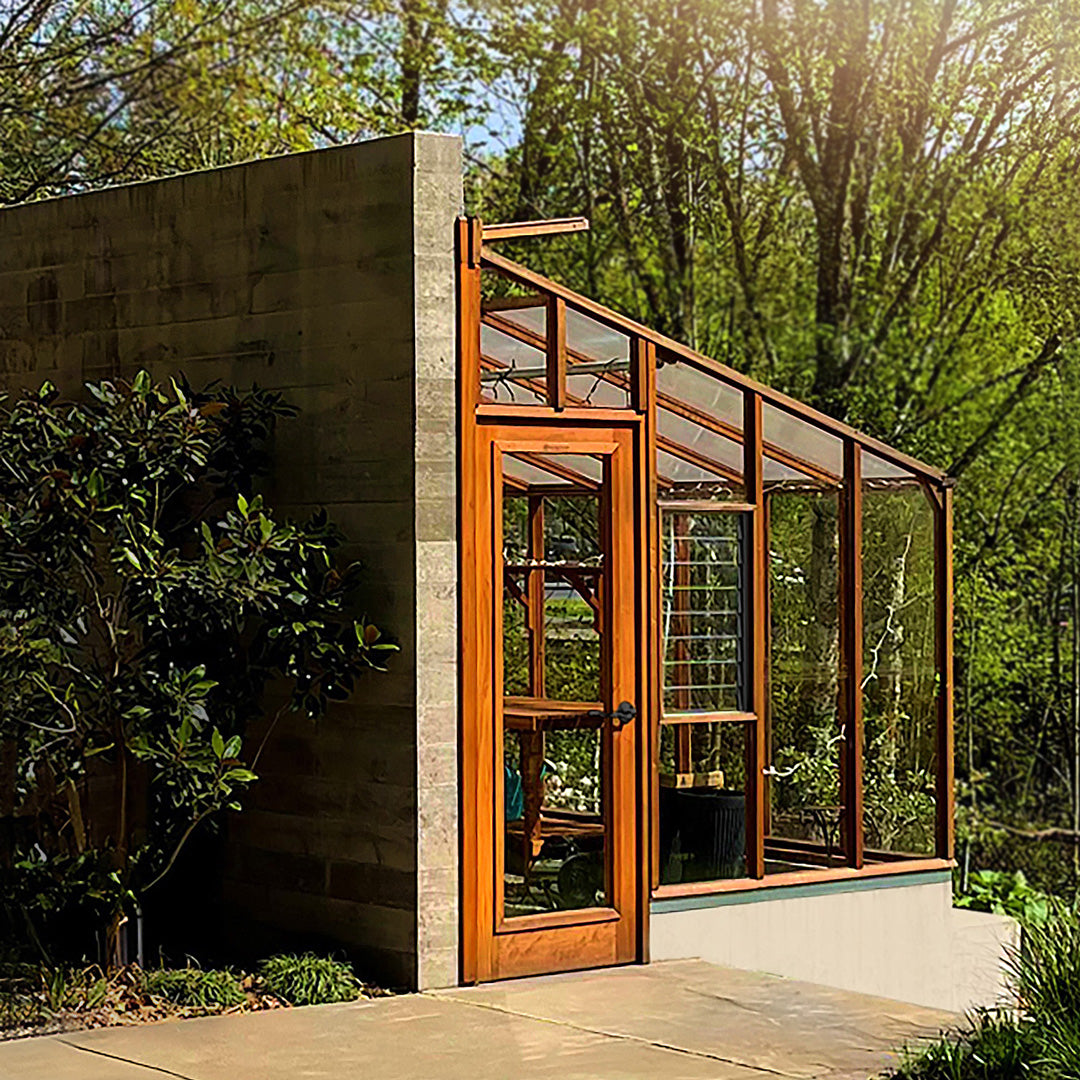Wooden door with glass panels on a stone wall with greenery