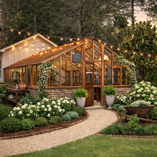 Wooden greenhouse with string lights surrounded by flowers and plants