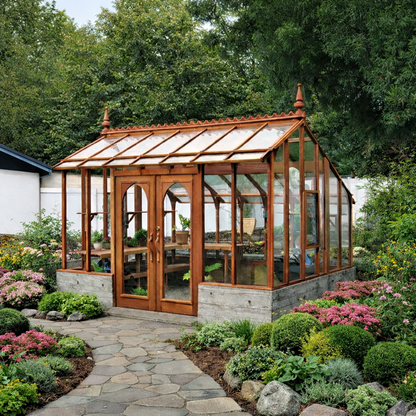 Wooden greenhouse in a garden with flowers and trees