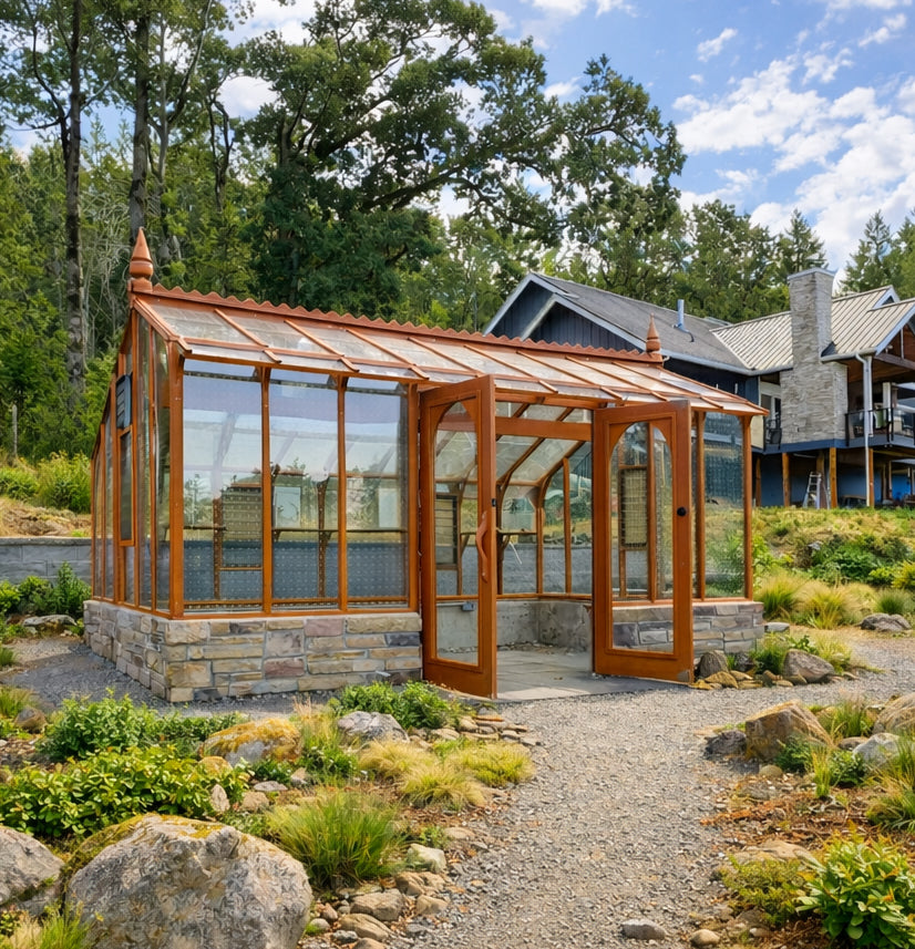 Glass greenhouse with wooden frame in a natural setting with trees and sky.