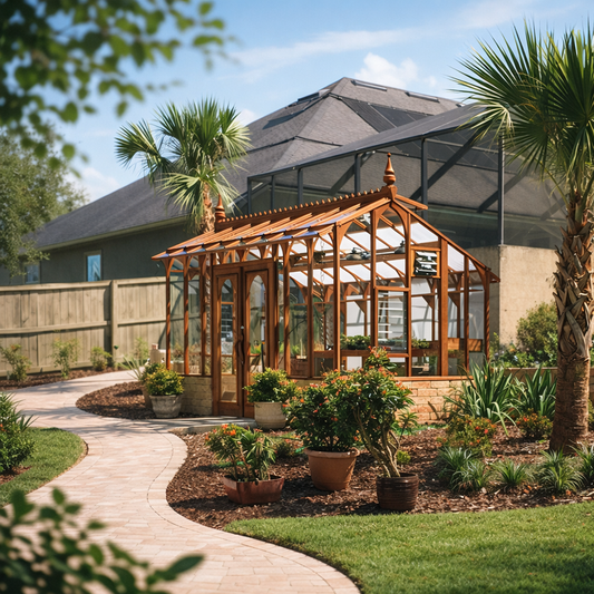 Wooden greenhouse with plants and a pathway leading to it