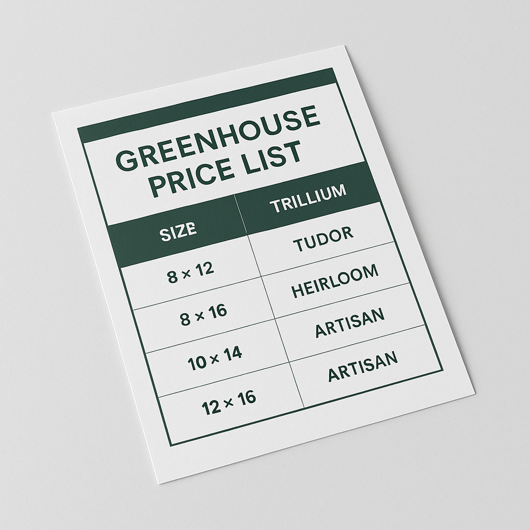 Greenhouse price list with size options on a gray background