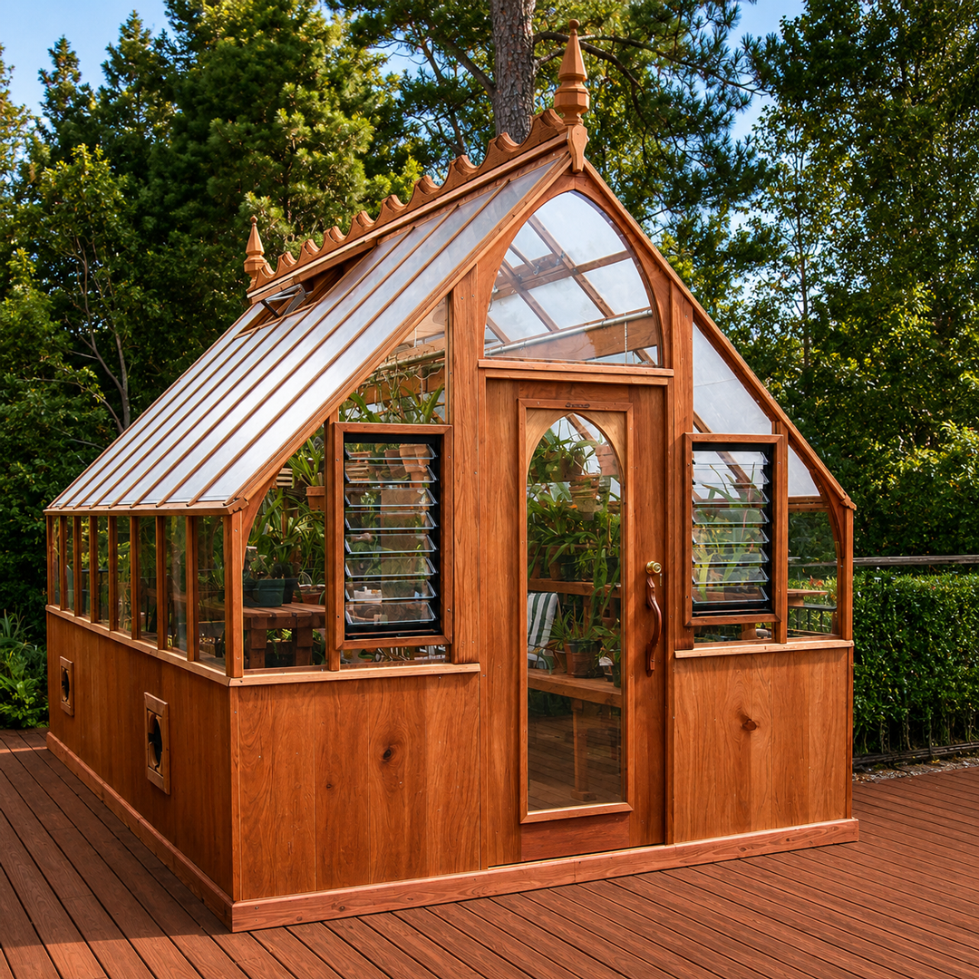 Wooden greenhouse with glass panels on a wooden deck surrounded by trees