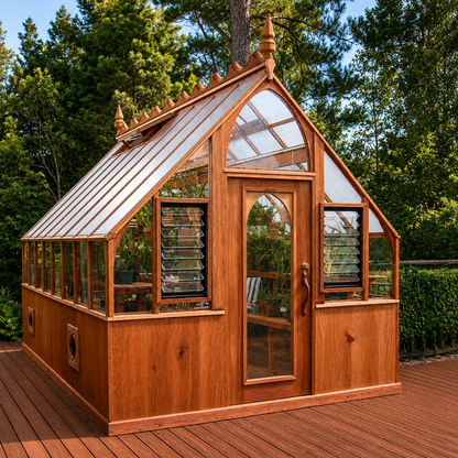Wooden greenhouse with glass panels on a wooden deck surrounded by trees