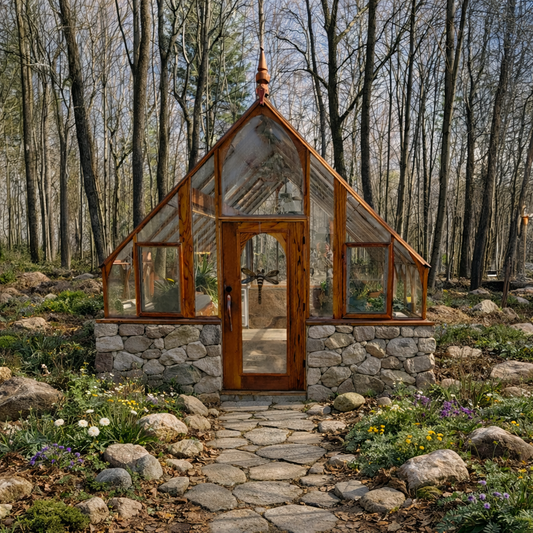 Glass house with stone foundation in a forest setting