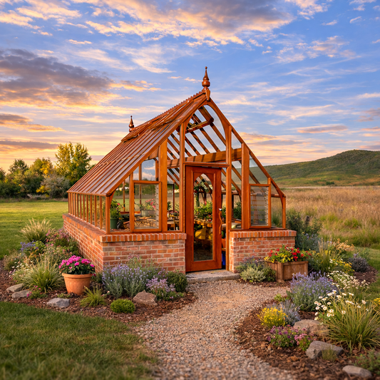 Wooden greenhouse with a garden path leading to it against a sunset sky.