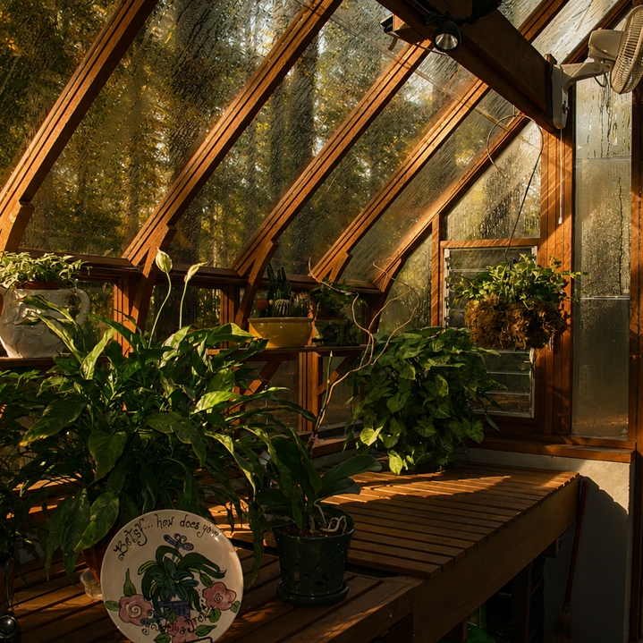 Greenhouse with plants and wooden interior, sunlit by natural light