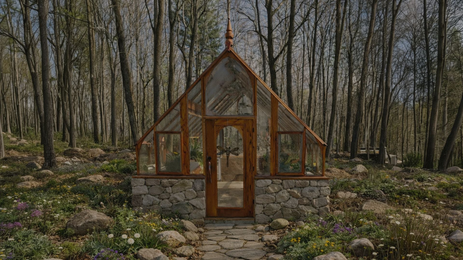 Glass cabin in a forest setting with stone foundation