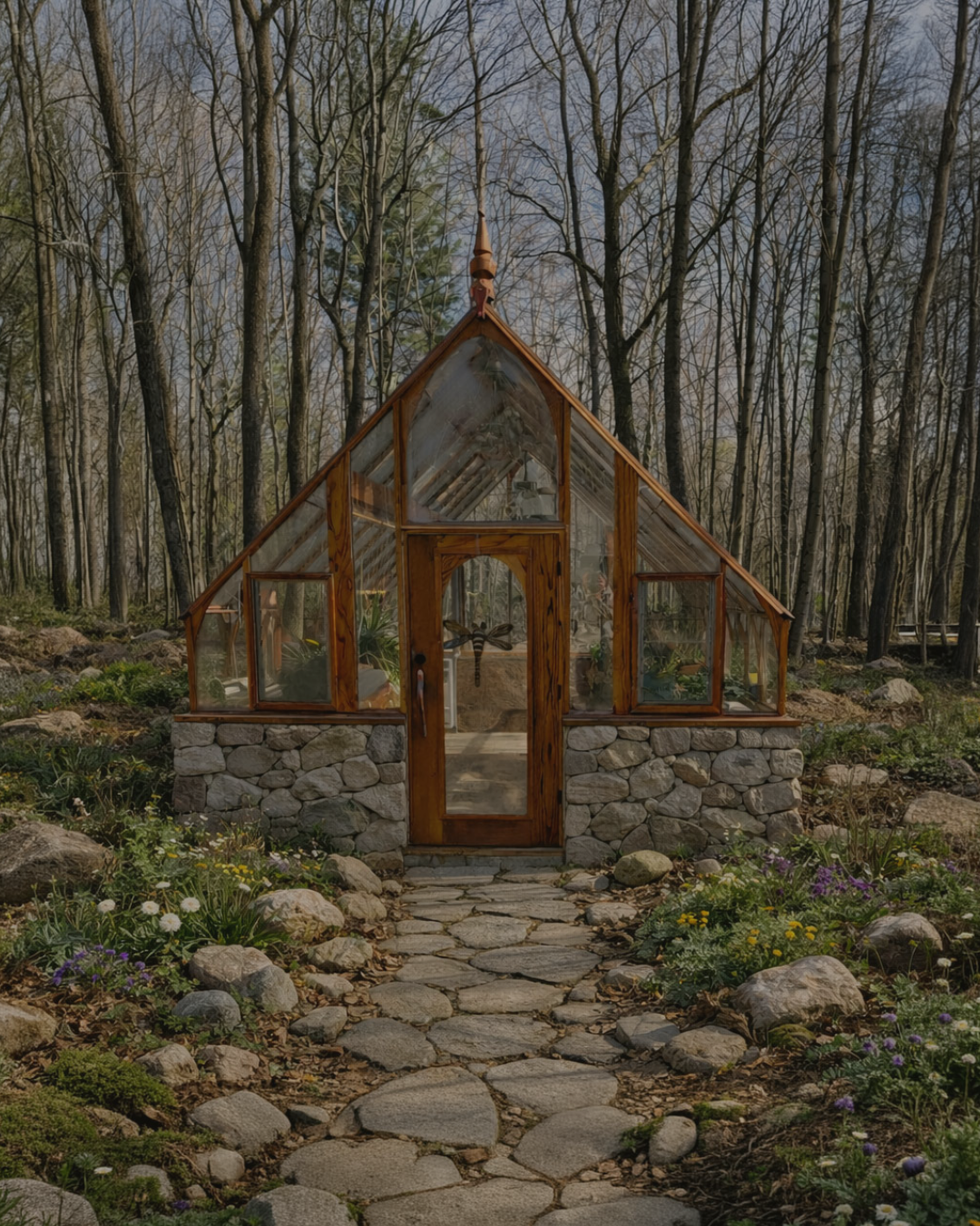 Glass greenhouse with stone foundation in a forest setting