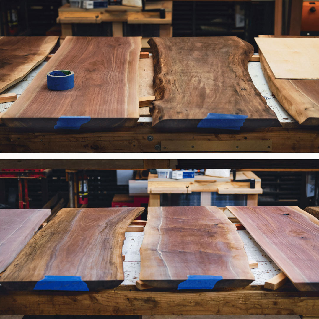 Two images of wooden tables with blue tape on a workshop background